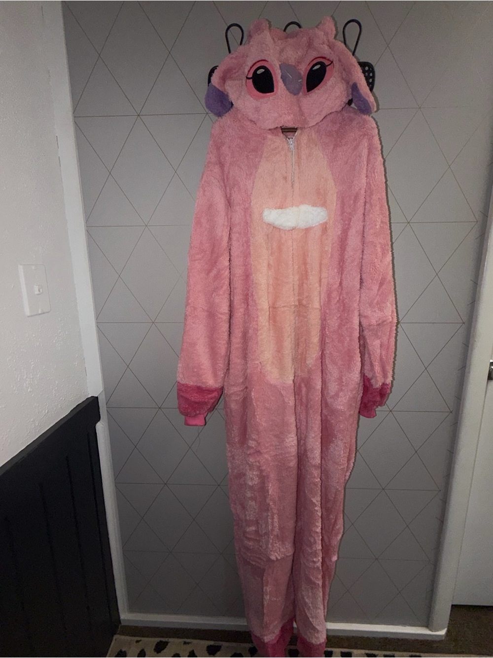 Lilo & Stitch Angel Unisex XL Pink Hooded Fleece Zip Onesie Adult Pajama Costume